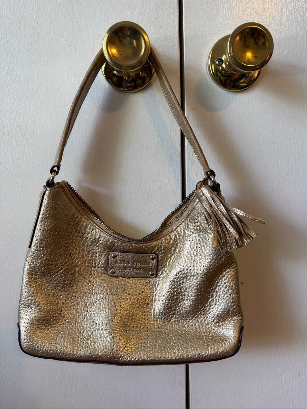 kate spade Gold Pebbled Leather Shoulder Bag with Tassel